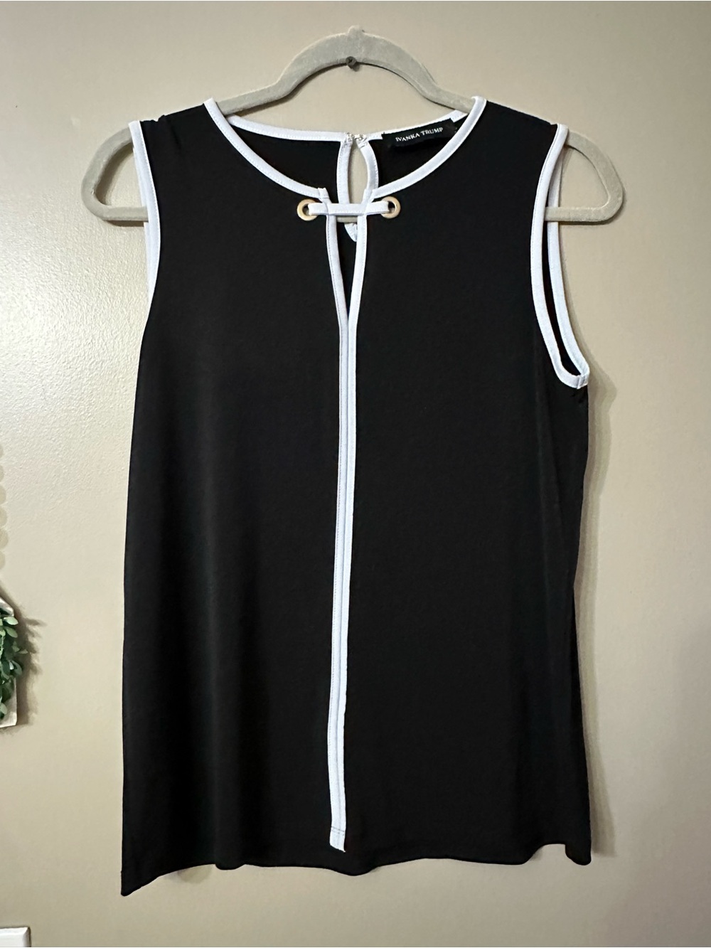 Ivanka Trump Black Tank Top with White Trim and Grommet Detail